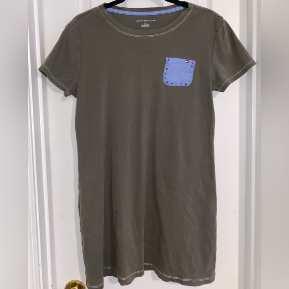 Tommy Hilfiger Olive Green T-Shirt‎ Dress with Light Blue Pocket